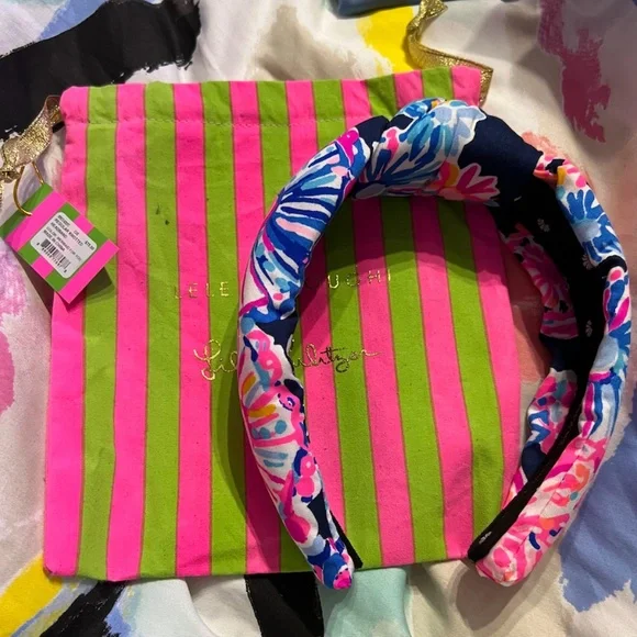 NWT Lele Sadoughi x Lilly Pulitzer Blue and Pink Headband and Dustbag NWT LILLY PULITZER X LELE SADOUGHI KNOTTED HEADBAND MERMAID  main image 3